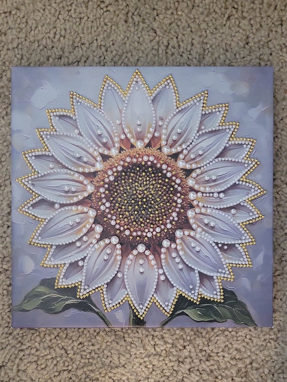 Completed NEW DIAMOND PEARL Sunflower Wall Art - White, Gold, Brown Accent